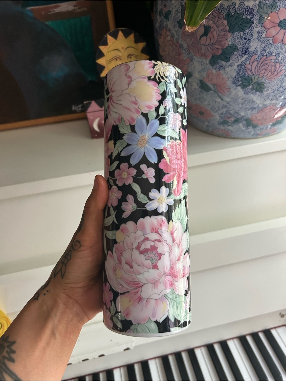 Capilano Japan English Garden Floral Porcelain Vase Black Pink Gold Trim